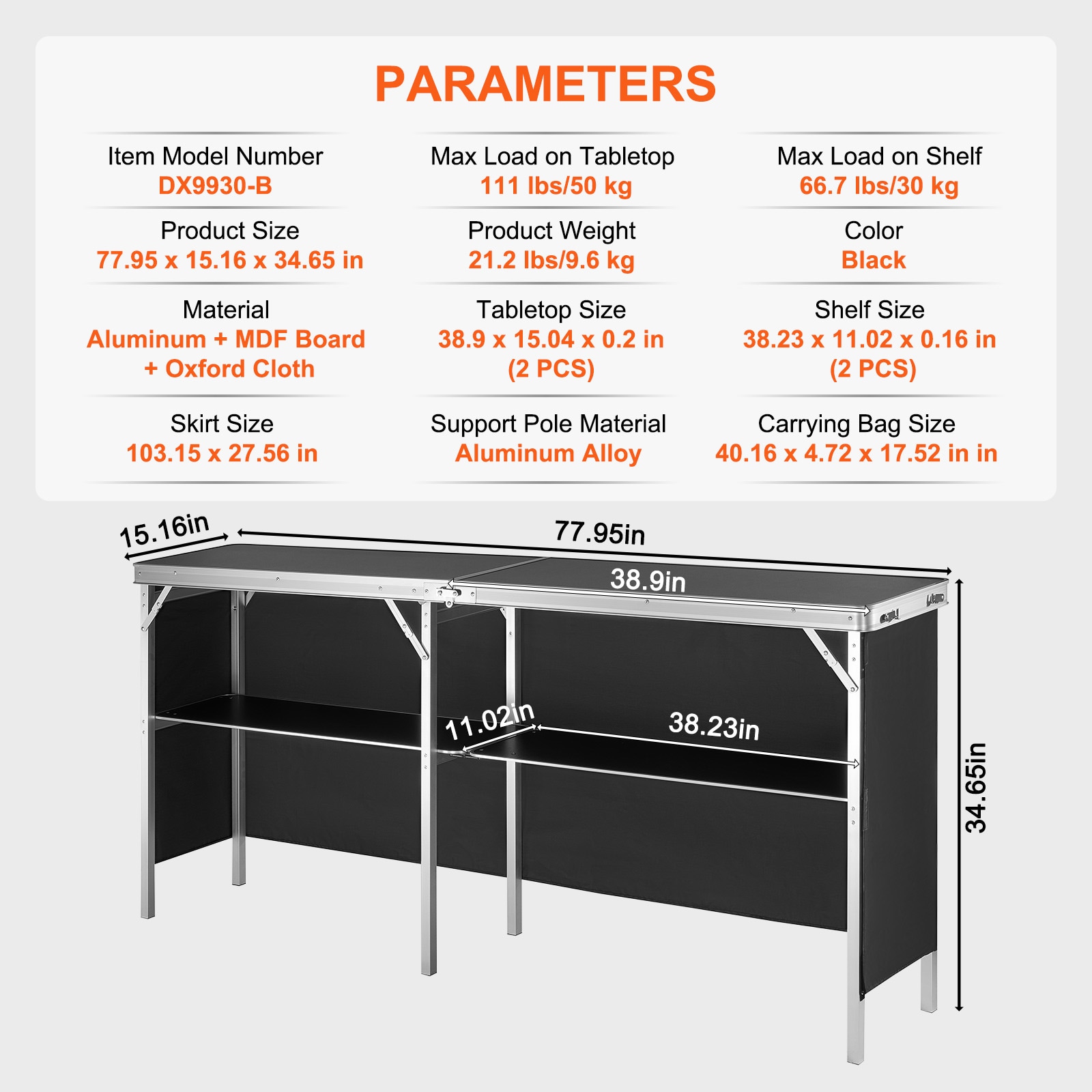 Extra Long Folding Bar Table With Carrying Case And Black Skirt_voghion.com